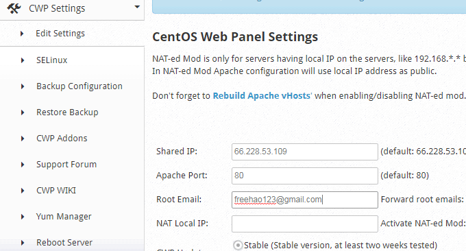 CentOS Web Panel设置部分